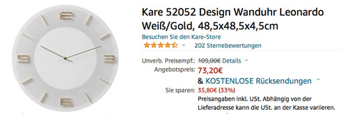 Kare 52052 Design Wanduhr "Leonardo" in Weiß/Gold, 48,5 cm - jetzt 27% billiger
