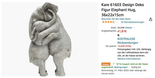 Kare 61603 Design Deko Figur "Elephant Hug", 36x22x15cm Kare 61603 Design Deko Figur "Elephant Hug", 36x22x15cm