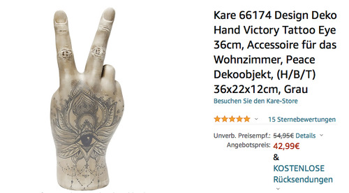 Kare 66174 Design Deko Hand "Victory Tattoo Eye", 36 cm - jetzt 22% billiger