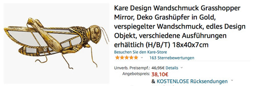 Kare Design 51222 Wandschmuck "Grasshopper Mirror", 18x40x7cm (Heuschrecken-Spiegel) Kare Design 51222 Wandschmuck "Grasshopper Mirror", 18x40x7cm (Heuschrecken-Spiegel)