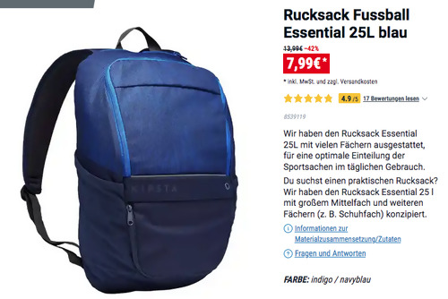 KIPSTA Essential 25L Fussball-Rucksack, blau (52 × 32 × 17 cm) KIPSTA Essential 25L Fussball-Rucksack, blau (52 × 32 × 17 cm)