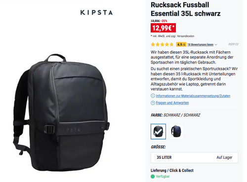 KIPSTA Essential 35L Fussball-Rucksack, schwarz (52 × 32 × 22 cm) KIPSTA Essential 35L Fussball-Rucksack, schwarz (52 × 32 × 22 cm)