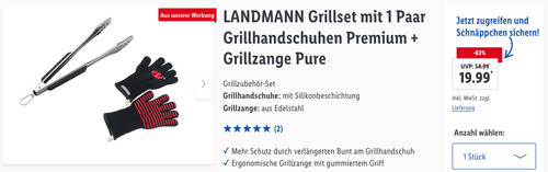 LANDMANN Grillset mit 1 Paar Grillhandschuhen Premium + Grillzange Pure - jetzt 45% billiger LANDMANN Grillset mit 1 Paar Grillhandschuhen Premium + Grillzange Pure - jetzt 45% billiger