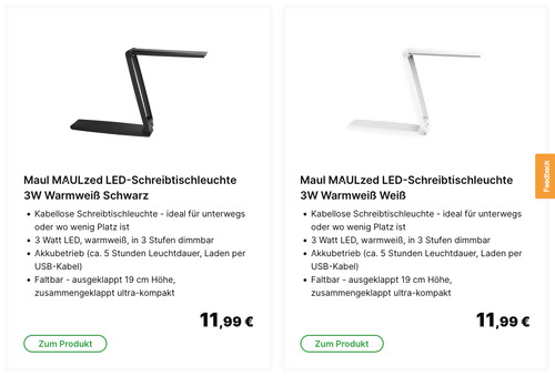 MAULzed 3W LED-Schreibtischleuchte, schwarz oder weiß (Akkubetrieb, 120 lm) - jetzt 59% billiger