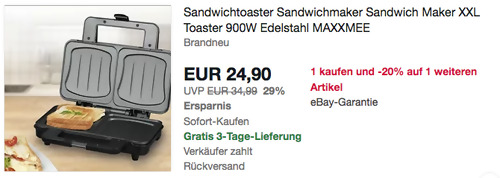 MAXXMEE 07306 XXL Sandwich Maker, ca. 28.5 x 15.2 cm - jetzt 17% billiger