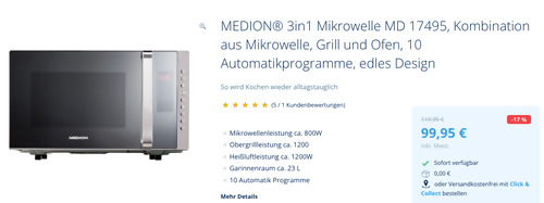 MEDION® 3in1 Mikrowelle MD 17495 ( Mikrowelle, Grill, Ofen) - jetzt 13% billiger MEDION® 3in1 Mikrowelle MD 17495 ( Mikrowelle, Grill, Ofen) - jetzt 13% billiger