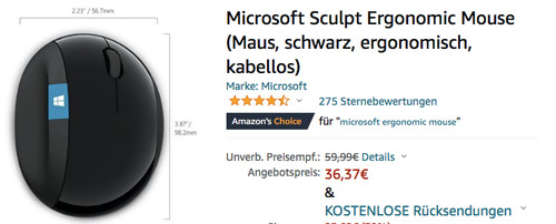 Microsoft Sculpt Ergonomic Mouse - kabellose PC-Maus, schwarz - jetzt 10% billiger