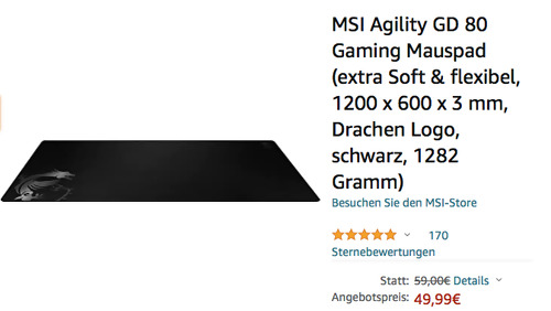 MSI Agility GD 80 Gaming Mauspad, 1200 x 600 x 3 mm - jetzt 8% billiger