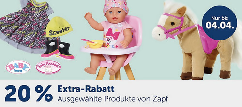 myToys.de - 20% Extra-Rabatt auf Zapf Creation: z.B. Zapf Creation Baby Annabell® Active Deluxe Puppenwagen myToys.de - 20% Extra-Rabatt auf Zapf Creation: z.B. Zapf Creation Baby Annabell® Active Deluxe Puppenwagen