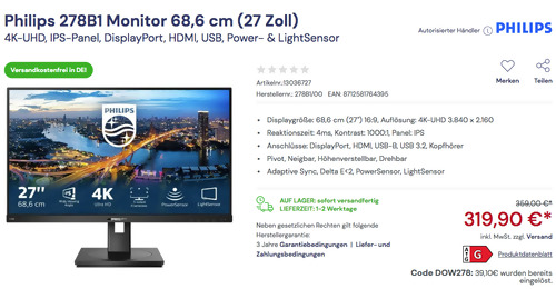 Philips 278B1 60,5 cm (23,8 Zoll) Monitor (4K-UHD, IPS-Panel, Power- & LightSensor) - jetzt 11% billiger Philips 278B1 60,5 cm (23,8 Zoll) Monitor (4K-UHD, IPS-Panel, Power- & LightSensor) - jetzt 11% billiger
