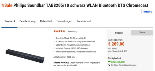 Philips TAB8205/10 2.1 Soundbar, schwarz (200W, WLAN, Bluetooth, DTS Chromecast) - jetzt 4% billiger