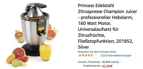 Princess Champion 201852 Edelstahl Zitruspresse (160 Watt, Fließstopfunktion) - jetzt 16% billiger