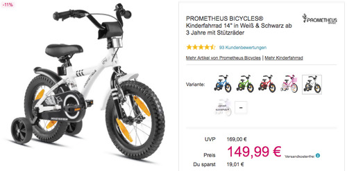 PROMETHEUS BICYCLES® 14 Zoll Kinderfahrrad mit Stützräder, versch. Farben - jetzt 11% billiger PROMETHEUS BICYCLES® 14 Zoll Kinderfahrrad mit Stützräder, versch. Farben - jetzt 11% billiger