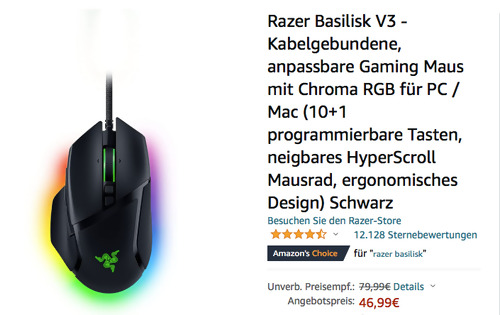 Razer Basilisk V3 Gaming PC-Maus mit Chroma RGB - jetzt 25% billiger