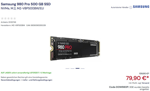 Samsung 980 Pro 500 GB Interne M.2 PCIe NVMe SSD-Festplatte (MZ-V8P500BW/EU) - jetzt 22% billiger