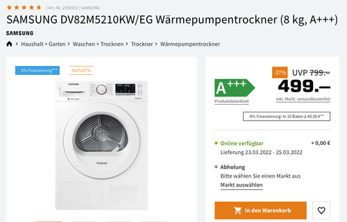 SAMSUNG DV82M5210KW/EG Wärmepumpentrockner (8 kg, A+++) - jetzt 19% billiger