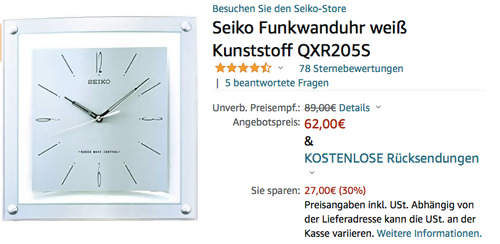 Seiko QXR205S Funkwanduhr, 32,0 x 31,0 x 4,1 cm - jetzt 17% billiger