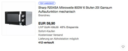 Sharp R204SA Mikrowelle (20l Garraum, 800 W) - jetzt 18% billiger Sharp R204SA Mikrowelle (20l Garraum, 800 W) - jetzt 18% billiger