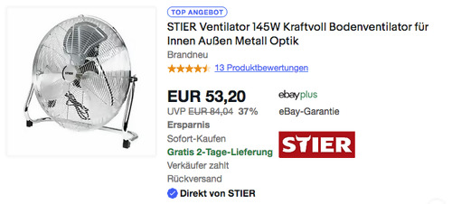 STIER 903411 50 cm Bodenventilator (145 W, 173 m³ /min) - jetzt 25% billiger