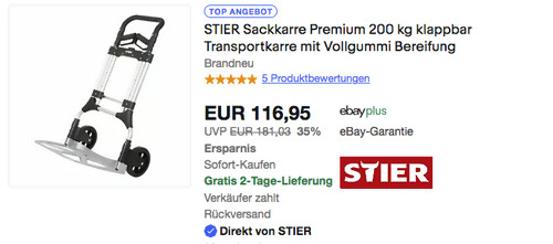 STIER 904409 Premium Sackkarre (klappbar, bis 200 kg, Vollgummi-Bereifung) - jetzt 10% billiger STIER 904409 Premium Sackkarre (klappbar, bis 200 kg, Vollgummi-Bereifung) - jetzt 10% billiger