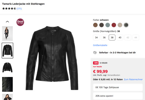 Tamaris Damen Lederjacke mit Stehkragen, versch. Farben und Größen - jetzt 20% billiger