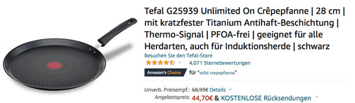 Tefal G25939 Unlimited On 28 cm Crêpepfanne (Titanium Antihaft-Beschichtung, Thermo-Signal) - jetzt 17% billiger Tefal G25939 Unlimited On 28 cm Crêpepfanne (Titanium Antihaft-Beschichtung, Thermo-Signal) - jetzt 17% billiger