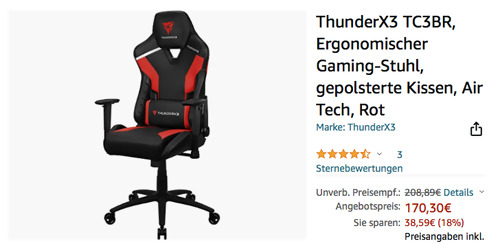 ThunderX3 TC3BR Ergonomischer Gaming-Stuhl in Rot (Kunstleder, Air Tech) - jetzt 15% billiger