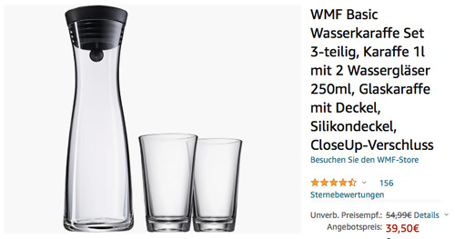 WMF 617709994 Basic Wasserkaraffe-Set, 3-teilig (Karaffe 1l mit 2 Wassergläser 250ml) - jetzt 8% billiger
