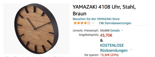 YAMAZAKI 4108 Wanduhr in Schwarz/ Braun (26,5 cm, Stahl, Walnussholz) - jetzt 27% billiger