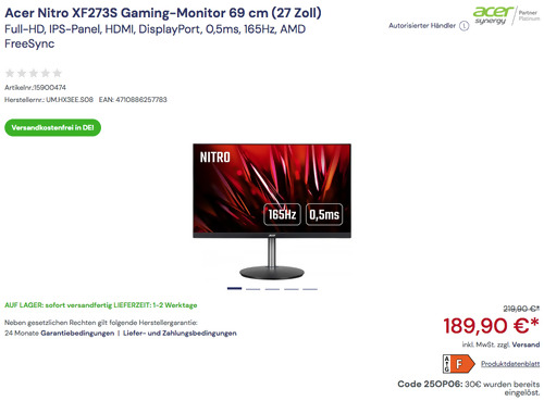 Acer Nitro XF273S 69 cm (27 Zoll) Gaming-Monitor (Full-HD, IPS-Panel, HDMI, DisplayPort, 0,5ms, 165Hz, AMD FreeSync) Acer Nitro XF273S 69 cm (27 Zoll) Gaming-Monitor (Full-HD, IPS-Panel, HDMI, DisplayPort, 0,5ms, 165Hz, AMD FreeSync)