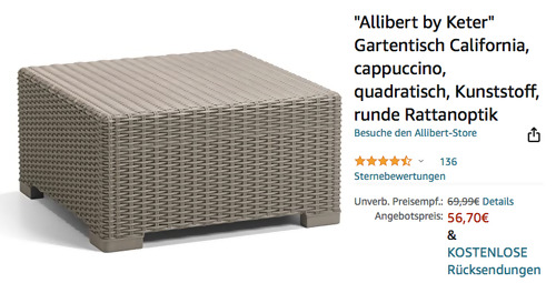 "Allibert by Keter" 68 x 68 x 35 cm Gartentisch California in Cappuccino, Rattanoptik "Allibert by Keter" 68 x 68 x 35 cm Gartentisch California in Cappuccino, Rattanoptik