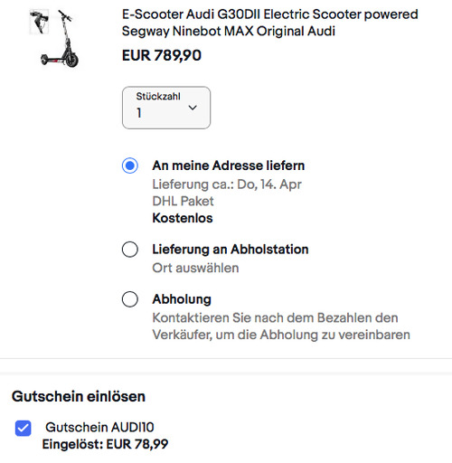 Audi E-Scooter Segway Ninebot MAX G30D II, ca. 65 km Reichweite Audi E-Scooter Segway Ninebot MAX G30D II, ca. 65 km Reichweite
