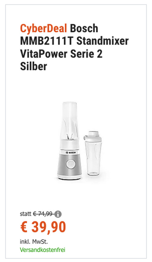 Bosch MMB2111T VitaPower Serie 2 Standmixer in Silber (450 Watt, bis zu 40.000 Motorumdrehungen/Min.) - jetzt 13% billiger Bosch MMB2111T VitaPower Serie 2 Standmixer in Silber (450 Watt, bis zu 40.000 Motorumdrehungen/Min.) - jetzt 13% billiger