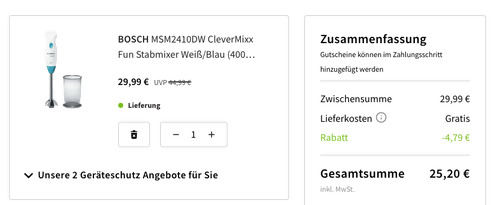 BOSCH MSM2410DW CleverMixx Fun Stabmixer in Weiß/Blau (400 Watt) - jetzt 16% billiger