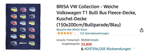BRISA VW Collection - 150x200 cm Volkswagen T1 Bulli Bus Fleece-Decke - jetzt 15% billiger BRISA VW Collection - 150x200 cm Volkswagen T1 Bulli Bus Fleece-Decke - jetzt 15% billiger