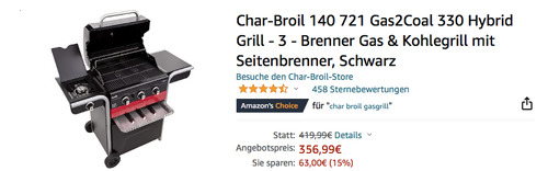 Char-Broil 140 721 Gas2Coal 330 Hybrid Grill (3 Brenner Gas & Kohlegrill mit Seitenbrenner) Char-Broil 140 721 Gas2Coal 330 Hybrid Grill (3 Brenner Gas & Kohlegrill mit Seitenbrenner)
