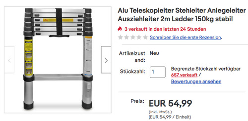 Eaxus 89140 Alu-Teleskopleiter 2 Meter, max. 150 kg Eaxus 89140 Alu-Teleskopleiter 2 Meter, max. 150 kg