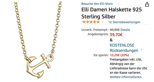 Elli 0108430113_45 Damen Halskette mit Anker Anhänger, 925 Sterling Silber vergoldet Elli 0108430113_45 Damen Halskette mit Anker Anhänger, 925 Sterling Silber vergoldet