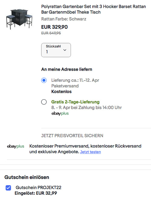 ESTEXO Polyrattan Gartenbar-Set mit 3 Hocker in Schwarz, ca. 100 x 100 x 106 cm - jetzt 18% billiger