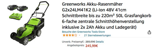 Greenworks Akku-Rasenmäher G2x24LM41K2 inklusive 2x 2Ah Akku und Ladegerät, 41cm Schnittbreite Greenworks Akku-Rasenmäher G2x24LM41K2 inklusive 2x 2Ah Akku und Ladegerät, 41cm Schnittbreite