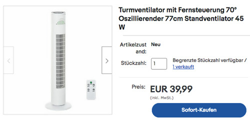HOMCOM 824-015V90 77cm Turmventilator in Weiß (3 Modi, 70-Grad-Oszillationsfunktion, Fernbedienung) - jetzt 17% billiger HOMCOM 824-015V90 77cm Turmventilator in Weiß (3 Modi, 70-Grad-Oszillationsfunktion, Fernbedienung) - jetzt 17% billiger
