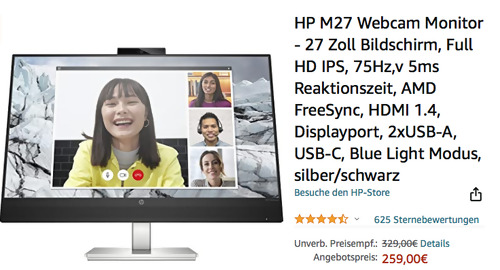 HP M27 Webcam Monitor - 27 Zoll Bildschirm mit integrierter 5-Megapixel-Kamera (HDMI, Displayport, 2xUSB-A, USB-C) HP M27 Webcam Monitor - 27 Zoll Bildschirm mit integrierter 5-Megapixel-Kamera (HDMI, Displayport, 2xUSB-A, USB-C)