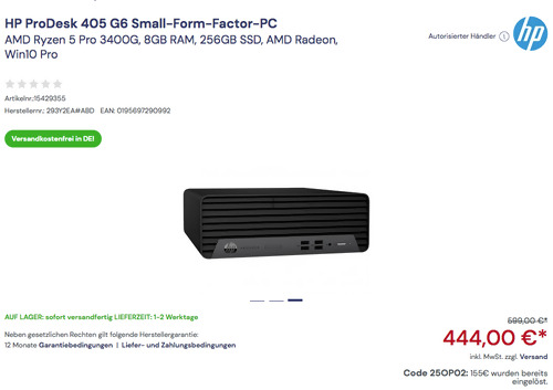 HP ProDesk 405 G6 (293Y2EA) Small-Form-Factor-PC (AMD Ryzen 5 Pro 3400G, 8GB RAM, 256GB SSD, AMD Radeon, Win10 Pro ) HP ProDesk 405 G6 (293Y2EA) Small-Form-Factor-PC (AMD Ryzen 5 Pro 3400G, 8GB RAM, 256GB SSD, AMD Radeon, Win10 Pro )