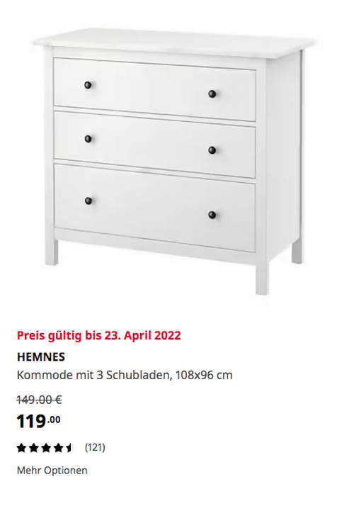 IKEA Duisburg - HEMNES Kommode mit 3 Schubladen, weiß gebeizt, 108x96 cm  - jetzt 20% billiger