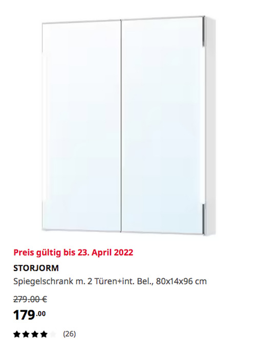 IKEA Sindelfingen - STORJORM Spiegelschrank m. 2 Türen+int. Beleuchtung, weiß, 80x14x96 cm  - jetzt 36% billiger