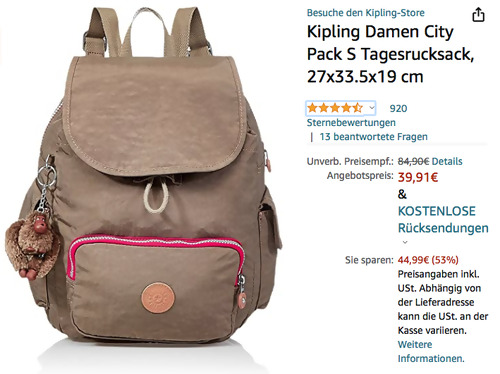 Kipling Damen City Pack S Tagesrucksack True Beige C, 27x33.5x19 cm Kipling Damen City Pack S Tagesrucksack True Beige C, 27x33.5x19 cm