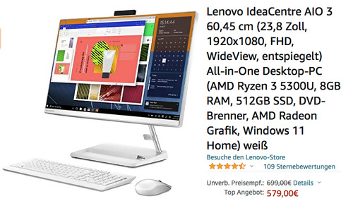 Lenovo IdeaCentre AIO 3 24ALC6 60,45 cm (23,8 Zoll) All-in-One Desktop-PC, weiß Lenovo IdeaCentre AIO 3 24ALC6 60,45 cm (23,8 Zoll) All-in-One Desktop-PC, weiß