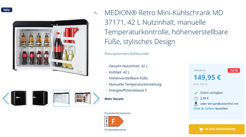 MEDION® Retro Mini-Kühlschrank MD 37171 in Schwarz (42 Liter, 48 x 54 x 53 cm) - jetzt 10% billiger