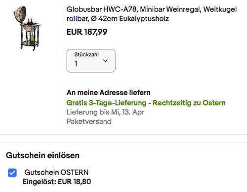 Mendler Globusbar HWC-A78, Ø 42cm (Eukalyptusholz, Kunststoff) - jetzt 9% billiger