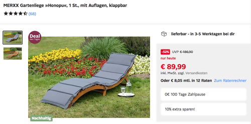 MERXX 54 x 177 cm Gartenliege "Honopu" mit Auflagen, klappbar (Akazienholz, max. 100 kg) MERXX 54 x 177 cm Gartenliege "Honopu" mit Auflagen, klappbar (Akazienholz, max. 100 kg)